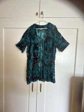 Arizona Jean Company Teal Floral Burnout Velvet Kimono Cardigan Size M/L